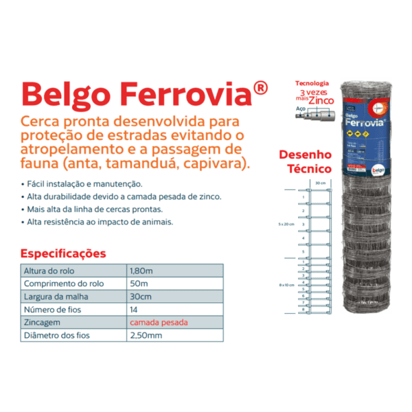 TELA BELGO FERROVIA 1,80M 14 FIOS 50 M