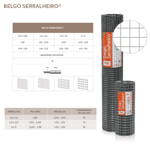 Tela Belgo Serralheiro Fio 2,00mm - 2,5 x 2,5cm 1,52m x 15m